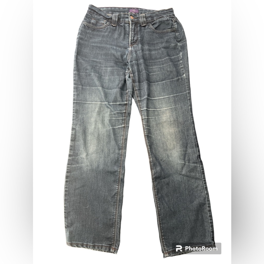 NYDJ Marilyn Straight Jeans DARK WASH distressed naturally SZ 10 EUC
